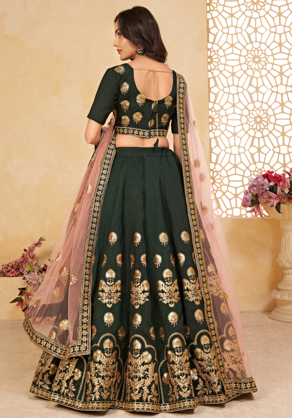 Dark Green Partywear Sequence With Gotta Patti Embroidered Georgette Lehenga  Choli